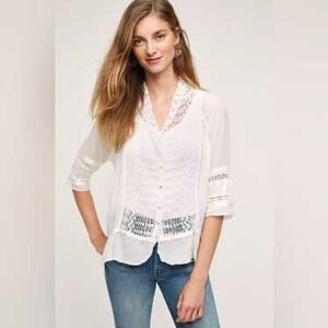 Anthropologie TINY Silk Blouse Top L Lace‎ Sheer Boho Cottage Coquette Ethereal